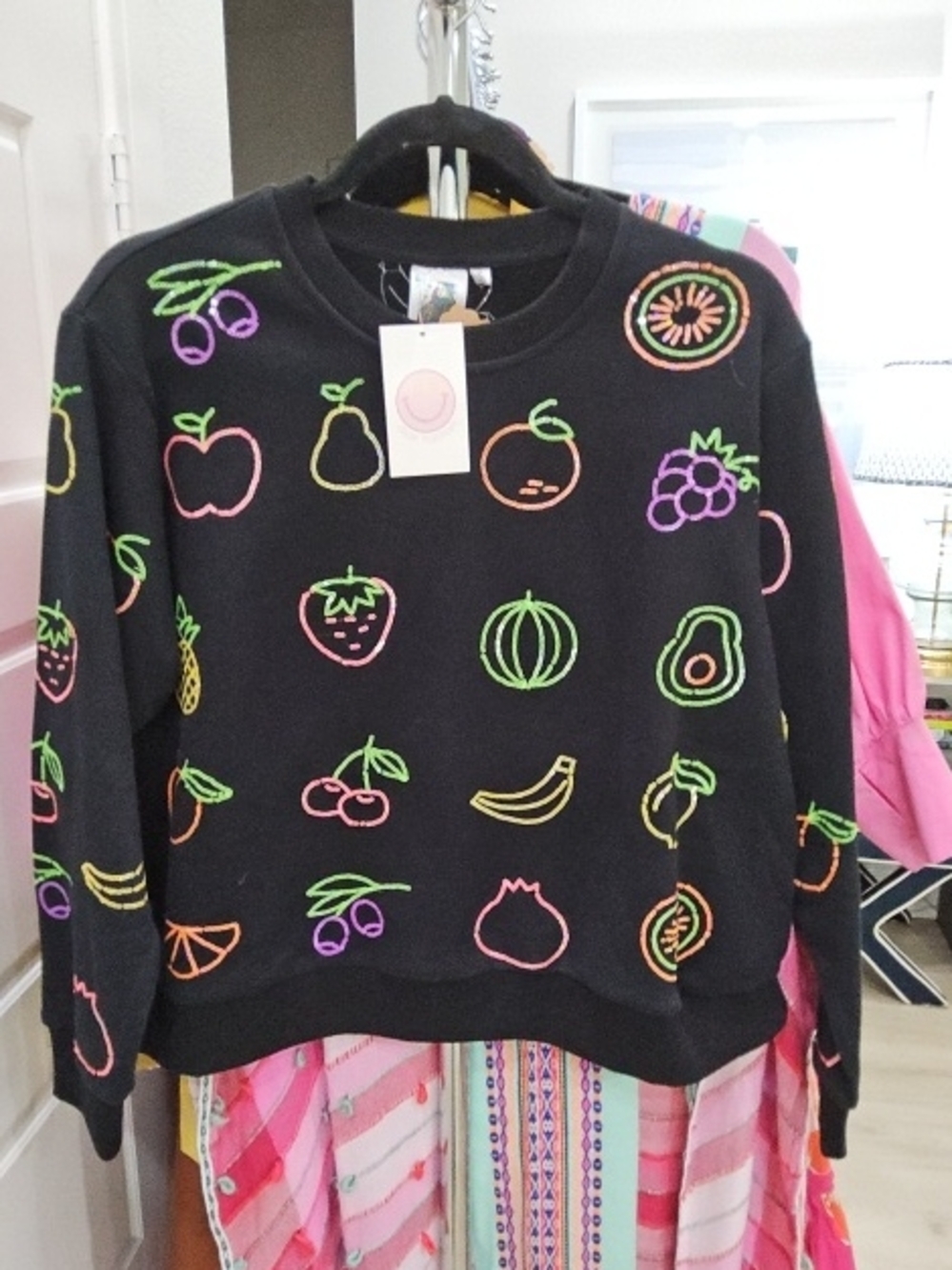QUEEN OF SPARKLES Black Neon Fruit Crewneck Sweater